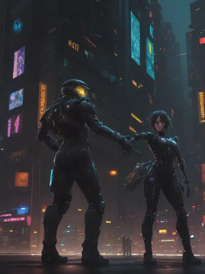 Two people, Cortana and Master Chief dancing together in a colorful cyberpunk city, reimagined in a cyberpunk universe, cyberpunk cityscape, cyberpunk, cyberpunk style, glowing neon light, detailed background, masterpiece, best quality, high quality, absurdres, vivid , (Extremely Detailed Oil Painting:1.2), glow effects, godrays, Hand drawn, render, 8k, octane render, cinema 4d, blender, dark, atmospheric 4k ultra detailed, cinematic sensual, Sharp focus, humorous illustration, big depth of field, Masterpiece, colors, 3d octane render, 4k, concept art, trending on artstation, hyperrealistic, Vivid colors, extremely detailed CG unity 8k wallpaper, trending on ArtStation, trending on CGSociety, Intricate, High Detail, dramatic, absurdes