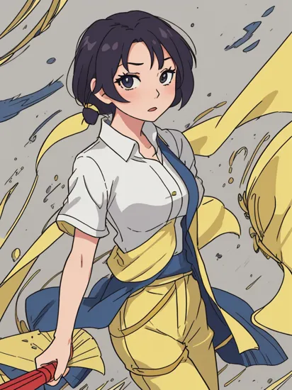 (((anime))) mulan wearing yellow minion Paper / Tyvek - Unconventional materials used for experimental and avant-garde fashion. Flight Attendant Uniform: Includes uniform shirts, pants, and accessories for flight crew members.