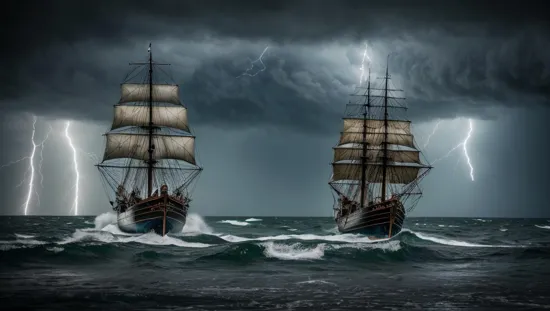 an old rickety worn out pirate ship out at sea with tethered sails. it's a sailing into a hurricane with lightning and tornadoes and waves everywhere. it is pouring down rain. it was dark and scary. there seems to be a giant monster off in the distance screaming into the black sky.