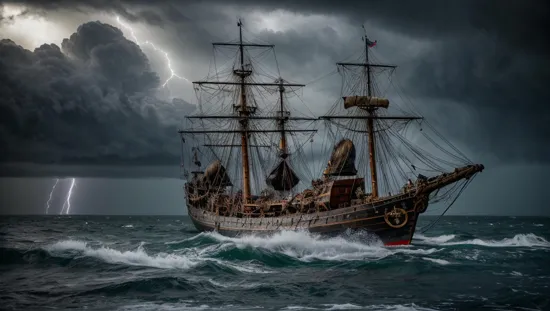 an old rickety worn out pirate ship out at sea with tethered sails. it's a sailing into a hurricane with lightning and tornadoes and waves everywhere. it is pouring down rain. it was dark and scary. there seems to be a giant monster off in the distance screaming into the black sky.