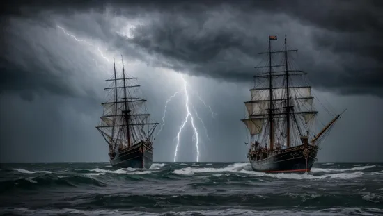 an old rickety worn out pirate ship out at sea with tethered sails. it's a sailing into a hurricane with lightning and tornadoes and waves everywhere. it is pouring down rain. it was dark and scary. there seems to be a giant monster off in the distance screaming into the black sky.