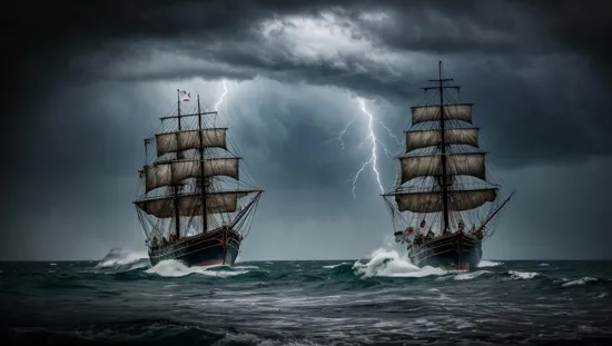 an old rickety worn out pirate ship out at sea with tethered sails. it's a sailing into a hurricane with lightning and tornadoes and waves everywhere. it is pouring down rain. it was dark and scary. there seems to be a giant monster off in the distance screaming into the black sky.