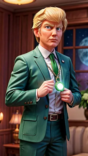 The Green Lantern Donald Trump, clad in a suit of green and black, the emblem on his chest glowing with the power of will. His ring, a source of immense cosmic energy, held aloft, ready to create constructs limited only by his imagination and determination.