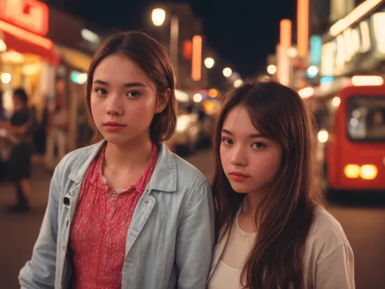 beautiful magical street photography, extremely detailed face, low light, perfect lighting, nostalgic, iso100, cinestill 800t, polarized filter, vivid bright colors bold, high quality photograph, still frame from a movie