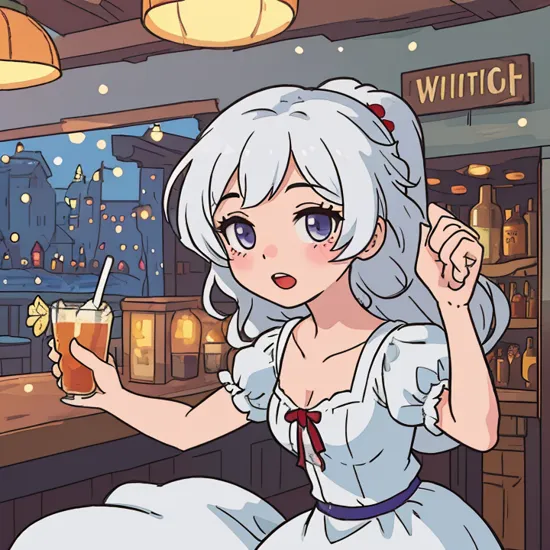 a cute snow white dancing drunken in a bar, pixelart, dreamlike,  
