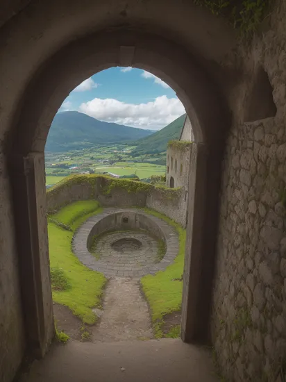 Landscape Photography, by Erwin Bowien, looking through a portal, azores, mountain valley to fortress, sewer pipe entrance, 20mm lens, f / 2. 8, 50mm 4k, soil