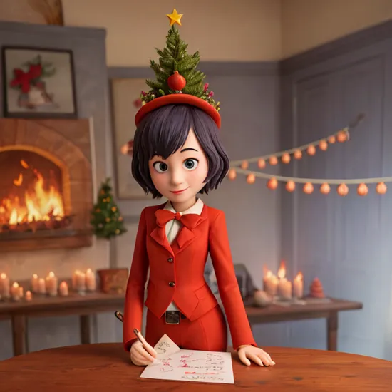 a photo of joker writing on a table a letter christmas wish,wistful glance to the side,christmas engulfed in flames tree engulfed in flames,  standing in the background