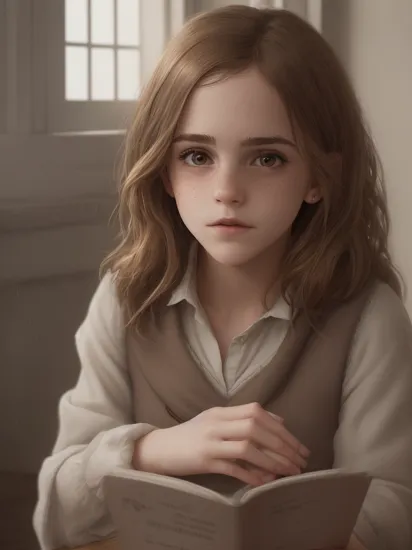 (1 girl) portrait of Emma Watson as Hermione Granger sitting next to a window reading a book, other hand not seeing, wearing black and red Hogwarts school robes, focused expression, golden hour, art by Kenne Gregoire, trending on artstation, (skin defect: 0,7) (freckled face: 0,7)  (Birthmark: 0,3) (greasy hair: 0,7)  (clothes wrinkling: 0,5) (body scrub: 0,4)  (perfect eyes: 1,0) (eyes size: 1,0)  (lipsticked mouth: 1,5)  (boobs size big) (age 25)  (hair color Brown) (long hair minimum) (make up minimum)  (face skinny)  (realistic fingers) (little nose) (NO TEXT)  (attentive facial expression) (Fog: 1,1) (HEAVY RAINING)  (left and right hands five fingers) , (studio quality:1.1), (8k uhd:1.1), (ultra realistic:1.1), (photography:1.1), (photorealism:1.1), (realistic:1.1), (detailed:1.1), (massive scale:1.1), (max detail:1.1), (soft lighting:1.1), (studio lighting:1.1), (photoshop:1.1), (portrait:1.1)