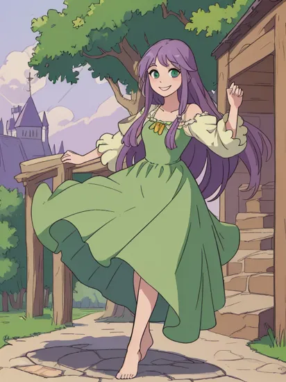 (masterpiece, best quality, high resolution:1.4), rapunzel, green eyes, (loose hair:1.3), looking at viewer, purple princess dress, barefoot,  smile, outdoors, 
