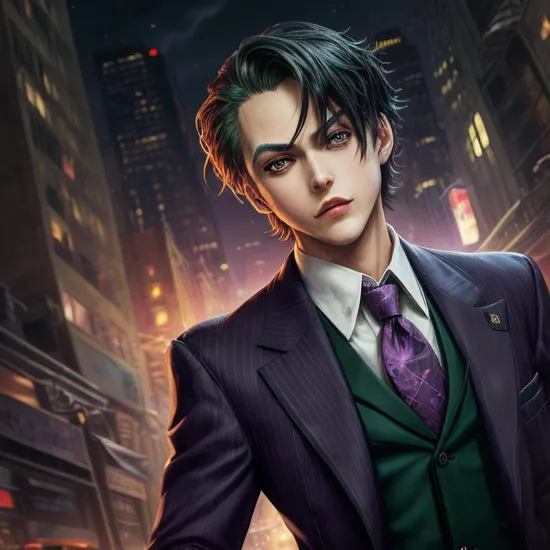 anime artwork of  
In Gotham City a cartoon joker with a tie and a purple suit Batman The Animated Series Style, anime style, key visual, vibrant, studio anime,  highly detailed