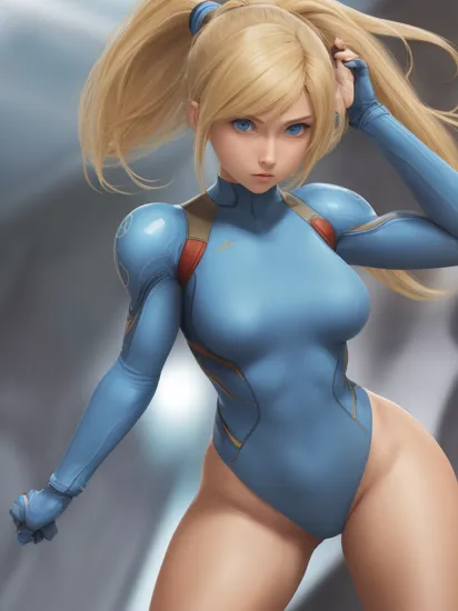 1girl, (samus aran), solo, blue eyes, blonde hair, missymuscle-8100, ponytail, bright colours, zero suit, ((realistic))