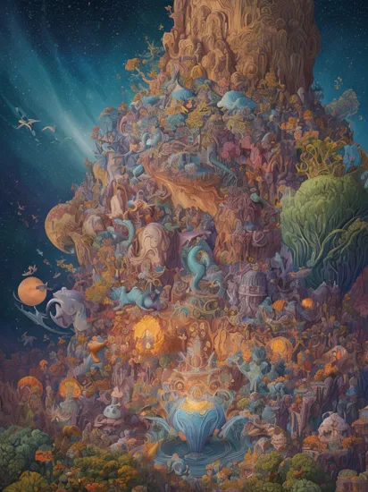 Fantastical storybook whimsy creatures, James Jean and Nicolas Party, tiny details, beautiful details, 8k, UHD, trending to artstation, painted, intricate, volumetric lighting, beautiful, rich deep colors masterpiece, sharp focus, ultra detailed, in the style of dan mumford and marc simonetti, astrophotography
