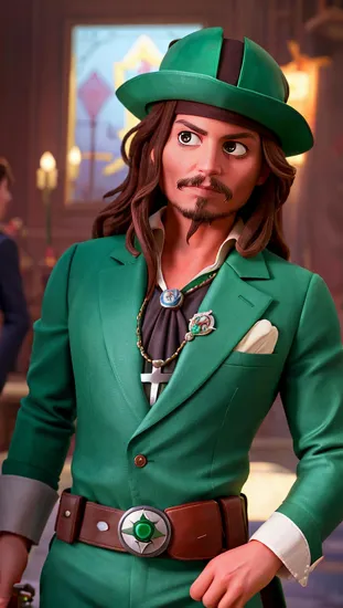 Johnny Depp, The Green Lantern @JohnnyDepp, clad in a suit of green and black, the emblem on his chest glowing with the power of will. His ring, a source of immense cosmic energy, held aloft, ready to create constructs limited only by his imagination and determination.