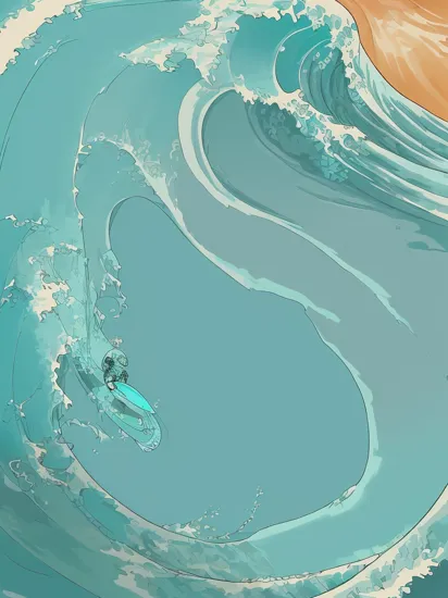 graphic illustration of a (bald female terminator skeleton), (surfing) across a depiction of ((huge turquoise Kanagawa style waves:1.3)), fine art, highly detailed, shadows, highlights, action shot, techno surf board, professional, sleek, modern, graphic design, vector graphics, orange skies, (low viewing angle), mixed media, 