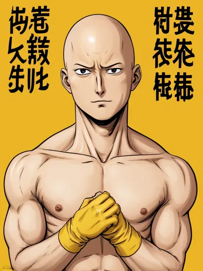 Saitama Comic relaxed face saying "NSFW", yellow Background, Text Safe for work