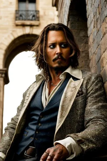 Johnny Depp, Reflective man @JohnnyDepp, disheveled hair, subtle gaze, turtleneck and blazer, poised on a ledge, architectural setting with brick and stone textures, ambient indoor light creates soft shadows, a sophisticated urban scene with rich, earthy tones, shot from a low angle to enhance his thoughtful demeanor.