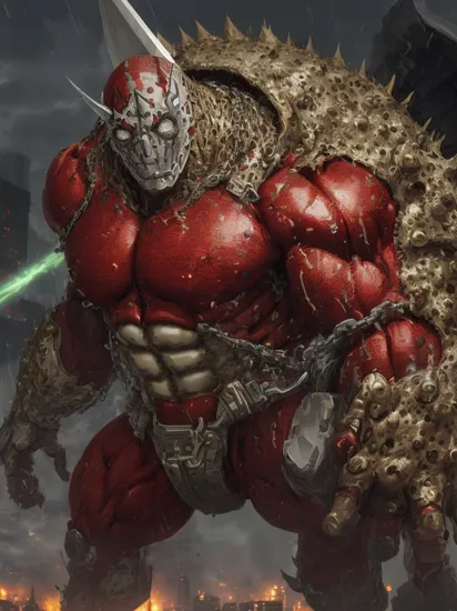 (super huge size Spawn and Red Hulk body muscular),((Spawn mask without teeth)),Spawn huge cape in white,high resolution,HD,very realistic,bloody,explosion,city,street,aircraft,man focus, solo,(look at viewer), prefect metal armor,((solo:1.8)),(human skin color:1.89), in snow and rain,dymanic view,floating in the air, (huge shiny sword and spare),(bio-tech long hair),(((spawn skin line)),green eye,Spawn iron chain around,attacked by a huge muscular monster,