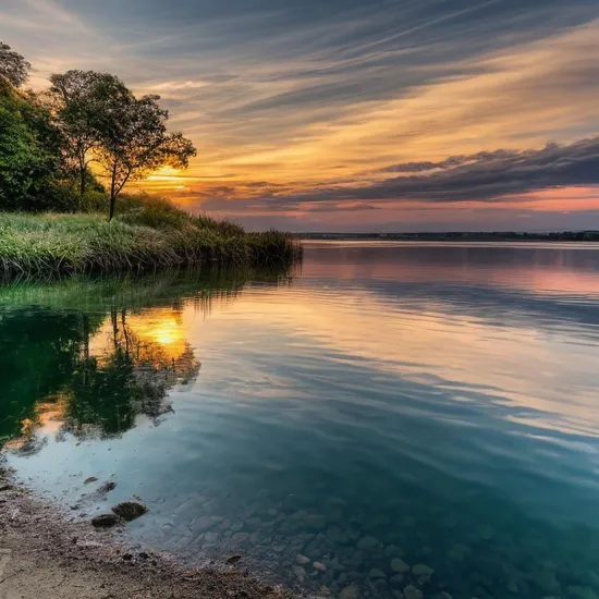 Create an image that depicts a serene, sunset-lit landscape. Imagine a tranquil lake surrounded by lush, green hills and tall, majestic trees. The sky is painted in shades of orange, pink, and purple, with the sun gently kissing the horizon. In the foreground, a wooden pier extends into the calm water, with a lone figure sitting at the edge, legs dangling over the side, enjoying the peaceful view. The water reflects the colors of the sky, creating a mirror-like effect. Add subtle details like gentle ripples in the water, a few birds flying in the distance, and soft, warm lighting to enhance the overall mood of tranquility and natural beauty. 