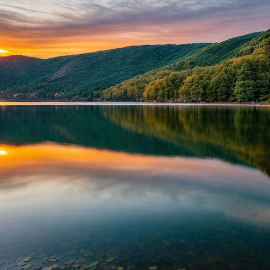 Create an image that depicts a serene, sunset-lit landscape. Imagine a tranquil lake surrounded by lush, green hills and tall, majestic trees. The sky is painted in shades of orange, pink, and purple, with the sun gently kissing the horizon. In the foreground, a wooden pier extends into the calm water, with a lone figure sitting at the edge, legs dangling over the side, enjoying the peaceful view. The water reflects the colors of the sky, creating a mirror-like effect. Add subtle details like gentle ripples in the water, a few birds flying in the distance, and soft, warm lighting to enhance the overall mood of tranquility and natural beauty. 