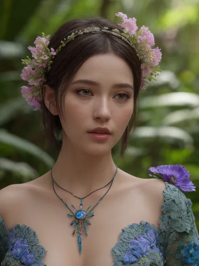 fashion photography portrait of woman avatar, 1girl in blue lush Alien Rainforest with flowers and birds, fantasy, lips, octane render, hdr, Dolby Vision, (intricate details, hyperdetailed:1.2), (natural skin texture, hyperrealism, soft light:1.2), fluffy short hair, , sharp focus, night, necklace, Chinese mythology, cleavage, medium breasts, sci-fi headband, looking at viewer, best quality, perfect body, <lora:Velvia1:0.6>