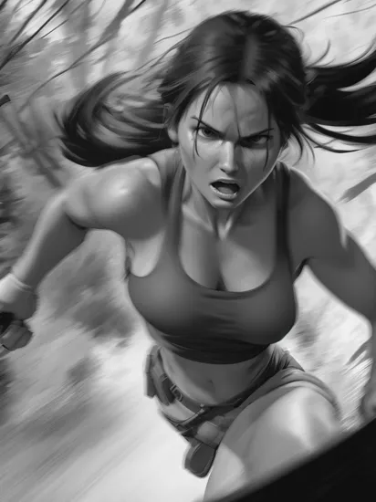 storyboard sketch extreme closeup dutch angle of Lara Croft running through the jungle with a machete, angry, drama shot, looking at the camera, (foreshortening:1.2), loose debris falling, motion blur 
