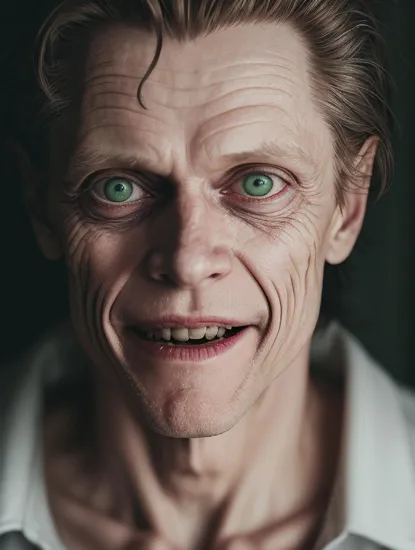 (William Dafoe|Malcolm McDowell|Steve Buscemi) as the Joker, insanity face, hands over  head, insane laugh, (drooling), white makeup, insane wide-opened eyes, bright pupils, purple suit, dark green hair, in the dark, flash light, trembling