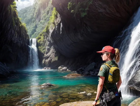 ramatic pov, artistic portrait, digital painting of a woman wearing explorer clothes, tactical gear, pointing at the viewer in a colorful tropical jungle, waterfall and large boulders, (foreground:1.3), color grading (masterpiece) (best quality) (detailed) (intricate)