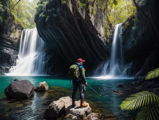 ramatic pov, artistic portrait, digital painting of a woman wearing explorer clothes, tactical gear, pointing at the viewer in a colorful tropical jungle, waterfall and large boulders, (foreground:1.3), color grading (masterpiece) (best quality) (detailed) (intricate)