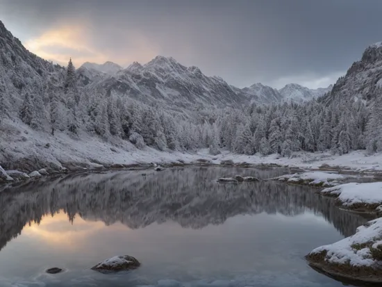 HDR 4K, landscape Photography, A rainbow over a mountain lake surrounded by snow capped peaks, Chromatic, Comic Book, Floral, ambient light, backlight masterpiece, realistic, award winning, volumetric light and fog, subsurface scattering, caustics, bloom, perfect exposure, perfect composition, rule of thirds, 8k, hdr10, cinematic, breathtaking, ray tracing, raw image, best quality, atmospheric scene, diffuse lighting, natural soft colors, hyperrealistic, (rutkowski),