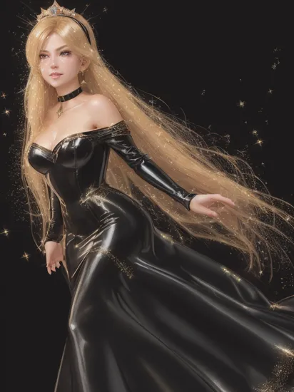 professional detailed photo, (samus aran:1.2) dressed in (latex (Rosalina off-the-shoulder black dress:1.2), (long straight blonde hair), (jewelry, black off-the-shoulder dress, princess crown, jewel brooch, long wide sleeves), (perfect face, beautiful face, symmetric face), (shiny glossy translucent clothing, gleaming oily latex fabric :1.1), (sparkles, sparkling hair, sparkling clothes, sparkles around face:1.3), high heels,
8k, RAW photo, photo-realistic, masterpiece, best quality, absurdres, incredibly absurdres, huge filesize, extremely detailed, High quality texture, physically-based rendering, Ray tracing,