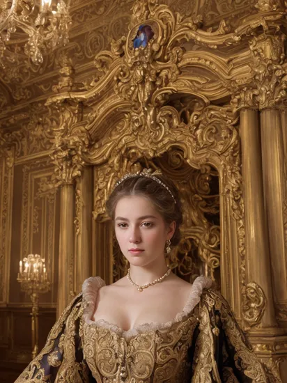 EsterExposito, ((Baroque-style aristocrat portrait, grand European palace, dramatic lighting, luxurious fabrics, ornate architectural details:1.1))