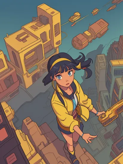 1girl 
pocahontas\(disney\), 
cyborg
yellow clothe
color of the wind
digital cityscape, 
perspective from above
shadow
cyberpunk \(series\), 
anime, cartoon
lineart, 
gradient
(by James Gilleard)