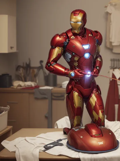 Claymation Iron Man ironing his clothes with flatiron, smoothing iron