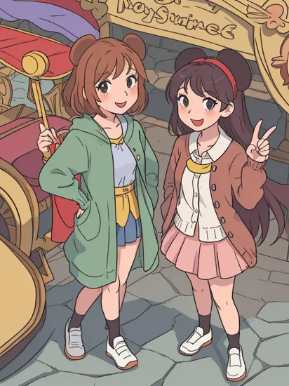 masterpiece, best quality,
full body,
((2 young girls standing together)),small breast,looking at viewer,laugh,peace sign,
,jk fashion, cardigan,
day,in a disney land,Castle,mickey mouse,Rides, Parades,Fantasyland, Adventureland, Costumes, Souvenirs,