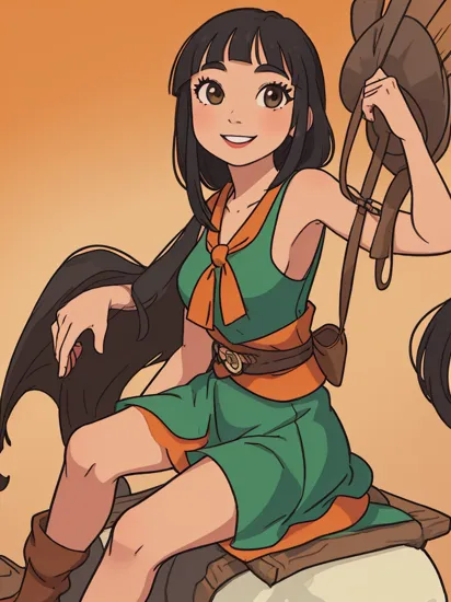 (masterpiece, best quality:1.1), (1girl, solo:1.12), (nakoma:1.1), from disney's pocahontas, green and brown, blunt bangs, black hair, tan skin, dress, brown eyes, breasts, sitting, hands on own chest, smile, looking at viewer, upper body, parted lips, gradient background, orange background