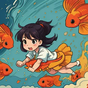 super vista, super wide Angle goldfish1girl a girl riding on a large goldfish, <lora:~Q?-Y'| goldfish:0.8>
