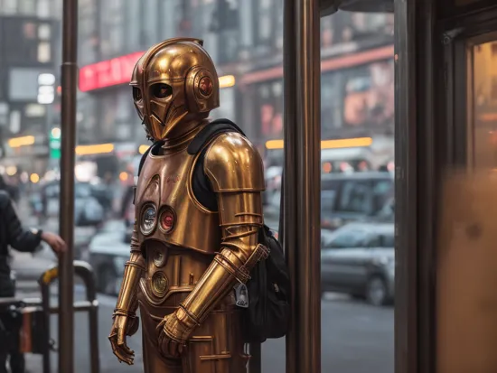 gritty raw street photography, c3po standing at a crowded bus stop, wearing headphones, relaxed pose, (hyperrealism:1.2), (8K UHD:1.2), (photorealistic:1.2), shot with Leica m2, muted colors, dramatic lighting, urban environment, skyscrapers, neon signs, street vendors, dynamic composition