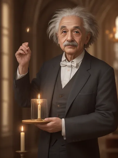 (photo RAW),Albert Einstein stands in an Orthodox church, holding a thin candle in his hand,masterpiece, top quality, best quality, official art,highest detailed,depth of field,bokeh,realistic natural lighting,complex, multiple subjects, 4k HDR, (intricate details),(hyperdetailed:1.15),micro-contrast, sharp detail elements,  