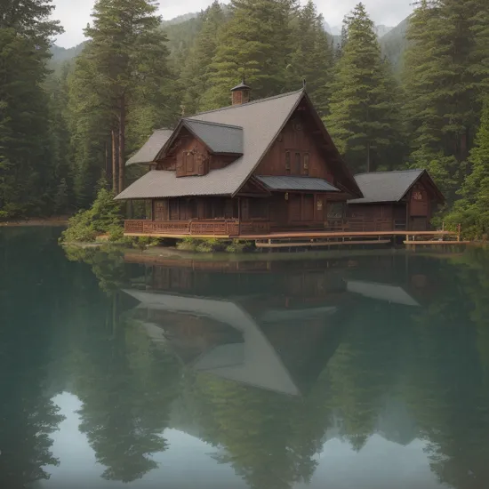 ((hyperrealistic, extremely detailed, intricate, detailed cinematic photography))
Cabin in the center of a lake surrounded by forest, landscape photography, 4k