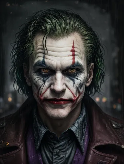 the joker in the rain, bestselling movie art poster, medibang, severe expression, epic portrait of menacing, the artist has used bright, night time raid, black stencil, angry smile, gamer ((masterpiece)), (best quality), HDR