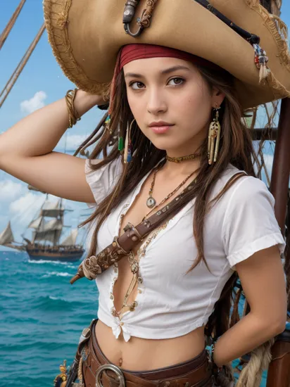 jack sparrow, anime style, masterpiece, best quality, 1girl, brown eyes, hat, brown hair, closed mouth, earrings, green background, hat, pirate,  jewelry, looking at viewer, shirt, short hair, simple background, solo, upper body, white shirt, on pirate ship, ocean, ship