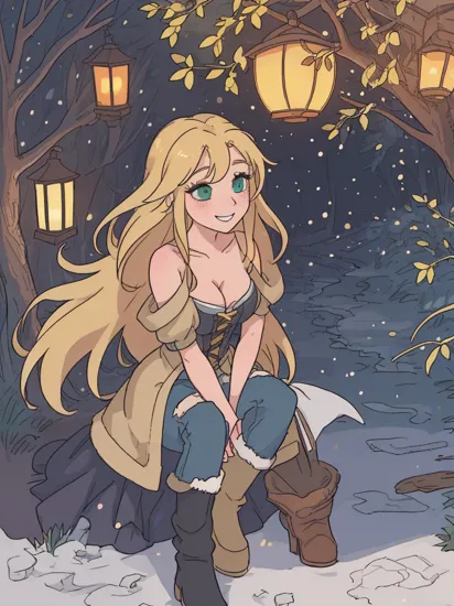 (best quality, masterpiece), rapunzel, 1girl, long hair, breasts, looking at viewer, blonde hair, cleavage, medium breasts, green eyes, thick eyelashes, vivid colors, night, night time, fur lined winter coat, denim jeans, black corset, bare shoulders, navel, snowing, snow, paper lantern, backlight, dramatic lighting, bokeh background, glitter, tree lined city street, brush strokes, oil painting, seductive smile , hands on own knees, 