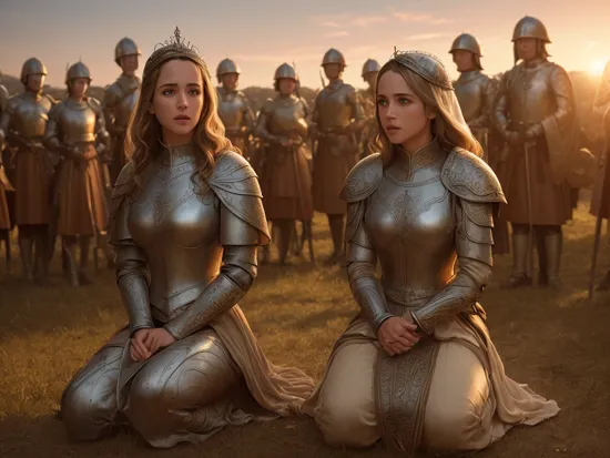 intricately detailed, [Rashida Jones|Rachael Leigh Cook] as [Lili Reinhart|Jessica Lowndes] as joan of arc on her knees praying, surrounded by medieval soldiers
hd, hdr, 8k, ultra realistic, highly detailed, 85mm, f2.4
sunset, golden hour, cinematic lighting