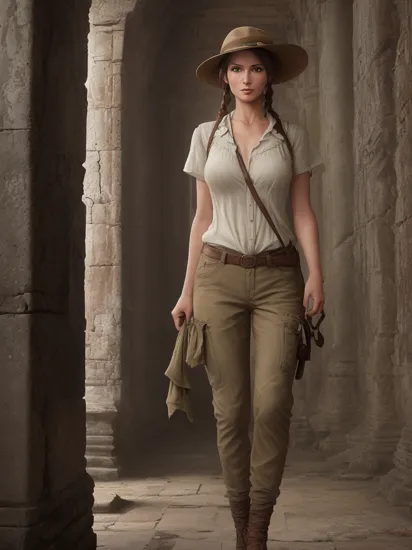 Complete settings for the last image(historical photography) of Lara Croft alone with a lightweight, khaki-colored linen 1920 blouse that falls below the knees and rolled up sleeves and rolled up cotton pants and wide-brimmed chiffon hat with a decorative ribbon and a rusty canvas adventure scatchel exploring Angkor Period ruins, (dense tropical jungle:0.4), (best quality),(realistic),(detailed),(masterpiece), dslr, ultra quality, 8K, UHD, (raw photo), (Nikon Z9), (intricate details)  