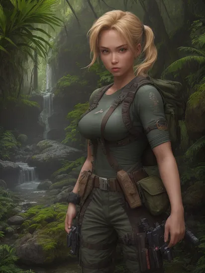 arielpstyle, zrpgstyle, portrait of blonde SimoH as lara croft an adventurer black tactical military vest pants backpack belt straps holster hiking in a sunny tropical jungle (vivid colors:1.1) asymmetrical waterfall into shallow pool rough chiseled large moss covered boulders (colorful plants:1.2) mist volumetric fog bright light filtering through trees
(masterpiece:1.2) (flat vector illustration:1.3) (best quality:1.2) (detailed) (intricate) (8k) (HDR) (wallpaper) (cinematic lighting) (sharp focus)  