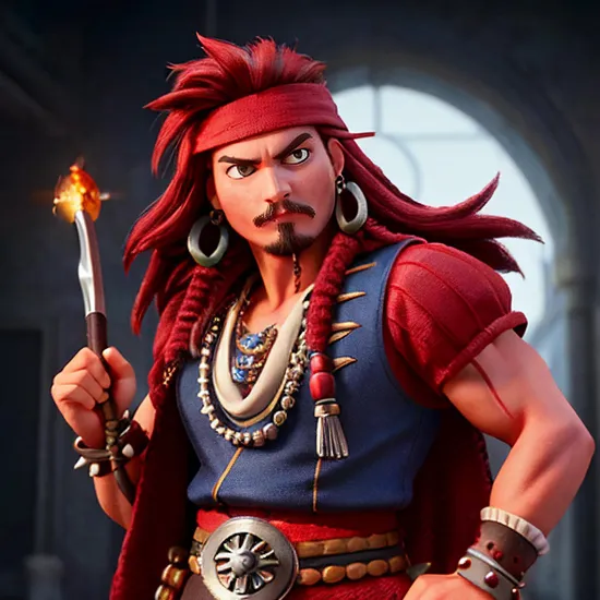 Johnny Depp, Fierce warrior @JohnnyDepp, spiked red hair, intense eyes, muscular build, dark pants, ((flowing sash)), red and black motif, chain necklace, battle stance, dynamic energy, ((aggressive aura)), dark background with red accents, high contrast, stylized illustration, anime style, dramatic lighting, ((sharp features)), powerful presence, vibrant colors, detailed muscle definition, action ready posture.