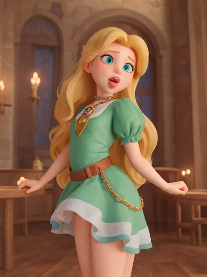 beautiful, (masterpiece:1.2), (best quality:1.2), perfect eyes, perfect face, perfect lighting, flat chest, rapunzel (disney), green dress, blue eyes, blonde hair, anal sex, chain bondage, hands behind back, best quality, anal, sex from behind, 1girl, 1boy, long hair, tongue out, stone tower, wooden floor, pov crotch, cum in ass
