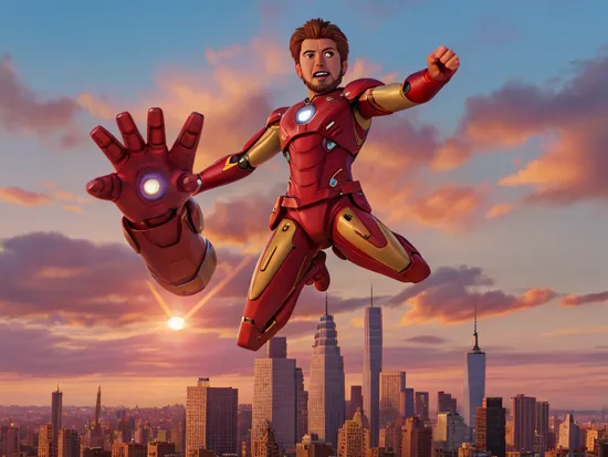 portrait of Iron Man flying, comic style, full body shot, New York Skyline background, sunset, aiming at the viewer with right arm, fingers spread, left hand fist, 8k, cinematic, masterpiece, best quality  