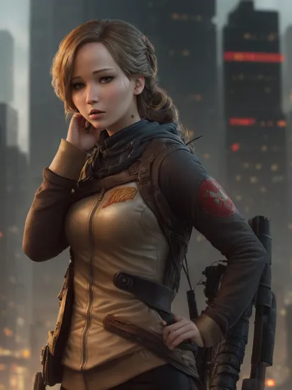 niji style artwork::Jennifer Lawrence:1.5 as Katniss Everdeen from the Hunger Games film, dressed in the style of cyberpunk 2077, dystopian city with skyscrapers, looking fiercely at the camera::porcelain skin, gradient color scheme, hyper detailed, intricate, epic anime art niji:1.5 style trending on behance