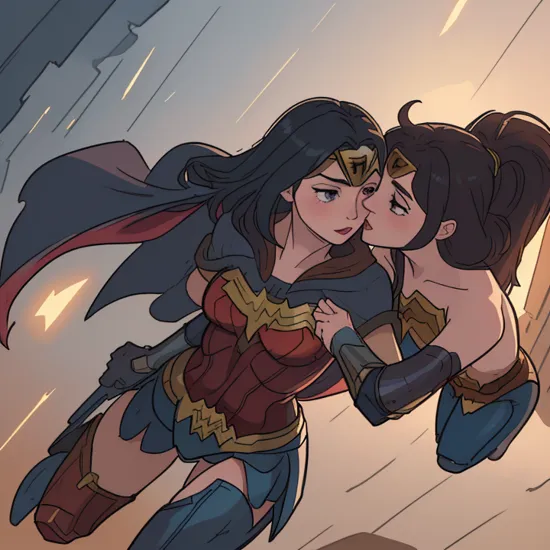 Wonder woman kissing Batman, digital art,, OverallDetail, high quality, high resolution, beautiful, masterpiece, 8k, ultra detailed, cinematic lighting, photorealistic, realistic lights and shadows, perfect anatomy, perfect proportions